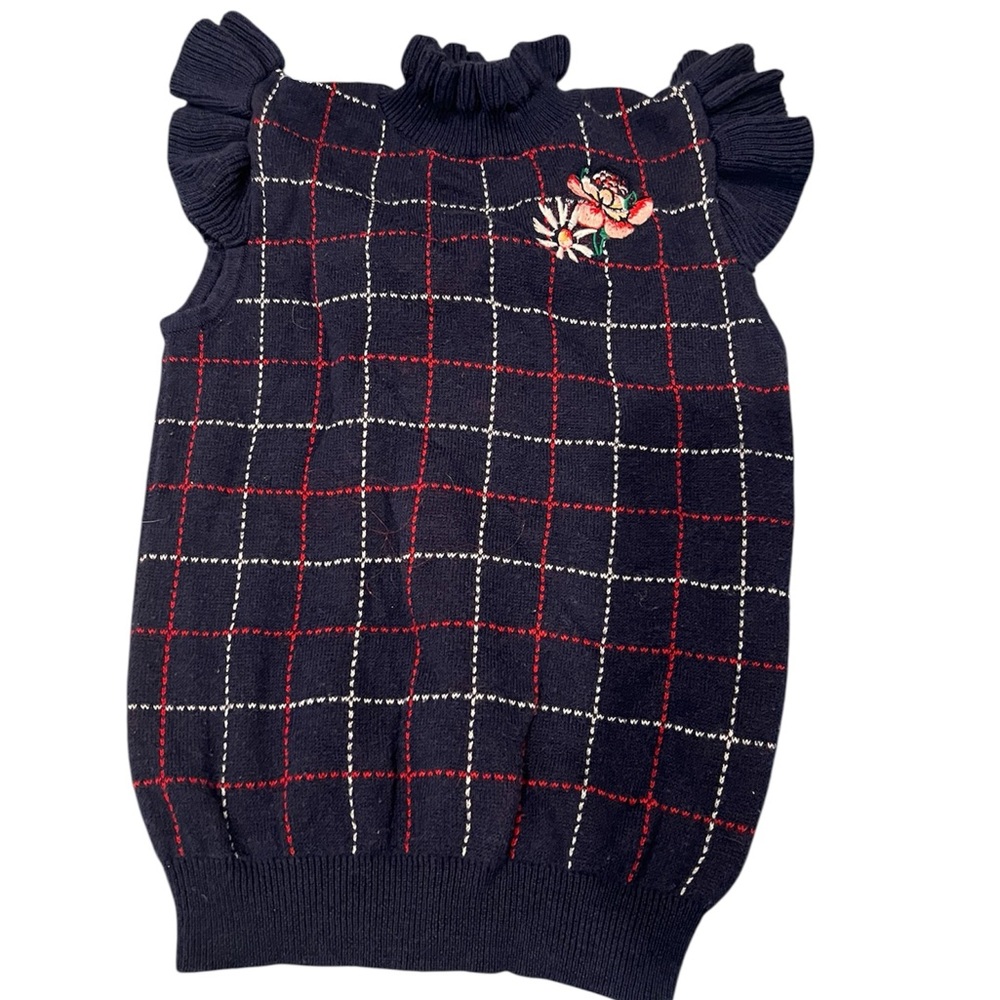Janie and JackNavy Checkered Sweater with Floral Embroidery